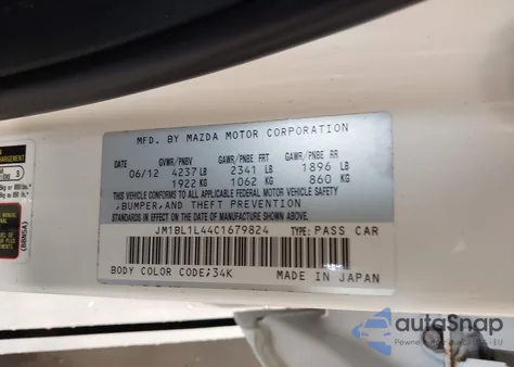 2012 Mazda Mazdaspeed3 Touring from USA, damaged, VIN JM1BL1L44C1679824